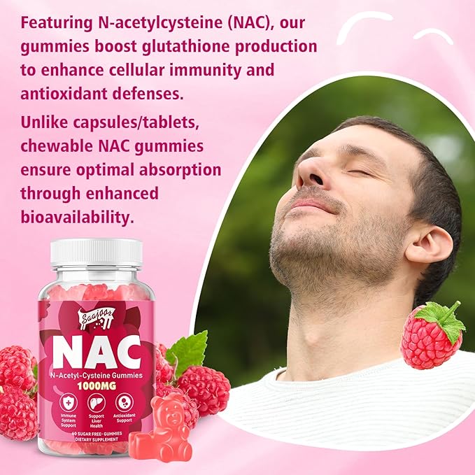 2 Pack NAC Gummies Sugar-Free, N-Acetyl Cysteine NAC Supplement 1000mg for Antioxidants, Immune Support, Non-GMO, Gluten-Free, Vegan – Raspberry Flavor, 120 Gummies