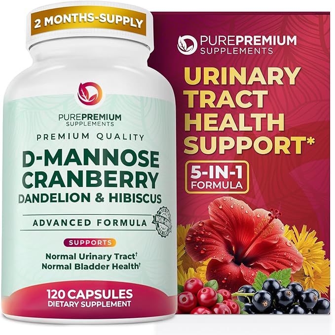 PurePremium D-Mannose with Cranberry, Hibiscus & Dandelion - 1000mg D-Mannose Supplements for Women Supports Urinary Tract Health & Bladder Health - Made in USA, Vegan, 120 Capsules, 2 Month Supply