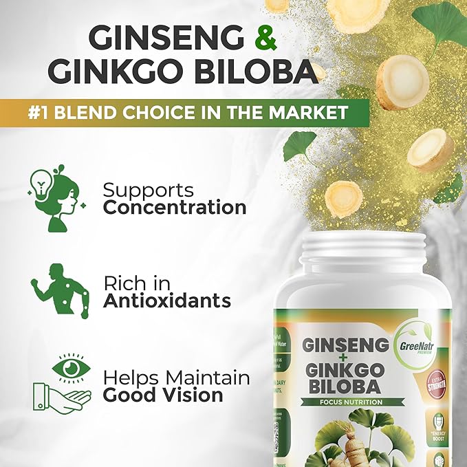 GreeNatr Ginko Biloba & Panax Ginseng Supplement - Red Ginseng Brain Supplement for Memory and Focus - Ginkgo Biloba Supplements for Good Vision, Immune System and Improved Blood Flow - 60 Tablets