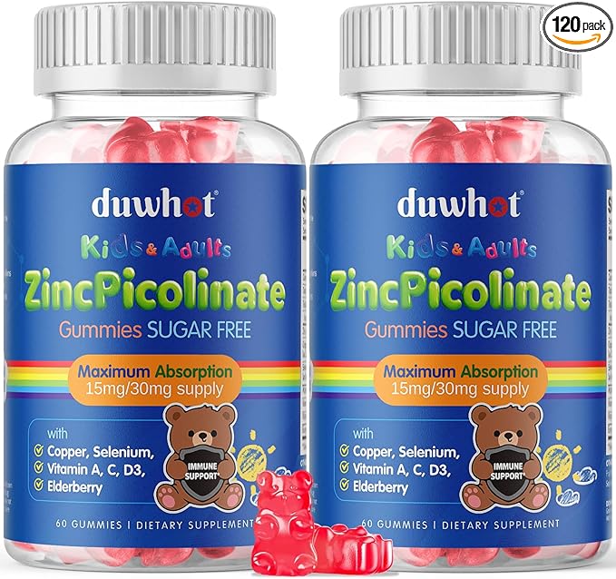 Zinc for Kids Supplements, Zinc Picolinate 30mg Gummies with Copper, High Absorption Form, with Selenium, Elderberry, for Kids Teens Growth, Skin & Immune Health, Sugar Free, 120 Gummies
