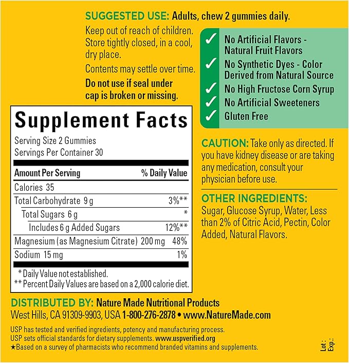 Nature Made High Absorption Magnesium Citrate 200 mg per serving, Magnesium Supplement for Muscle, Nerve, Bone and Heart Support, 60 Magnesium Gummies, 30 Day Supply