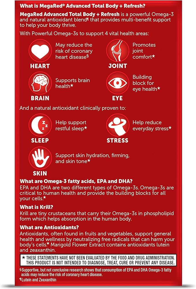 MegaRed Omega-3 Blend Total Body + Refresh 500mg Softgels, (65 Count in a Bottle), Easily Absorbed Krill Oil, to Support Your Heart, Joints, Brain & Eyes