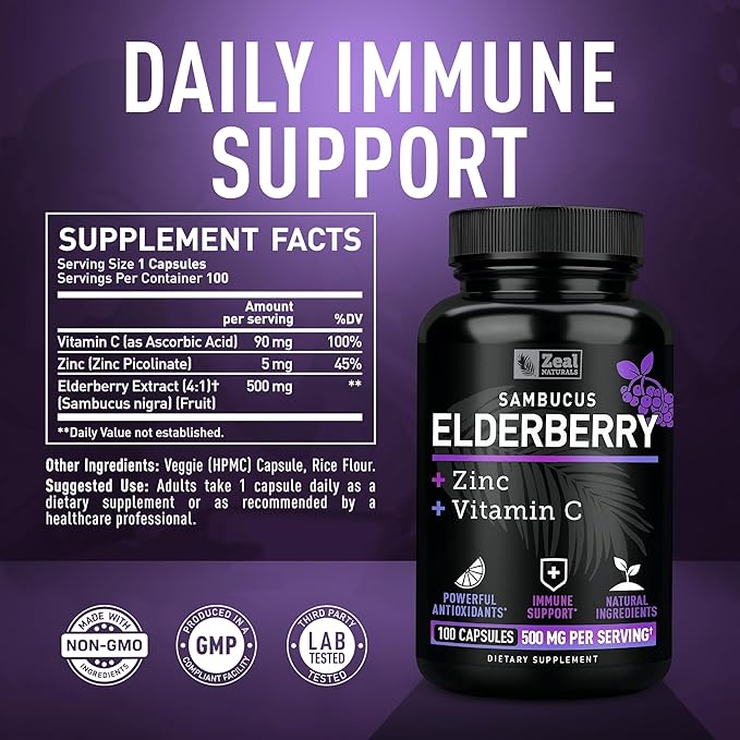 Zeal Naturals Max Strength Elderberry Capsules - 500mg, 100 Capsules | Sambucus Black Elderberry, Vitamin C, and Zinc | 3-in-1 Immune Support Supplement for Adults