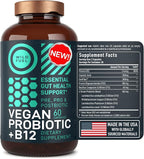 Vegan Probiotic Plus B12 & FOS - 22 Billion CFU Synbiotics Prebiotics and Probiotics for Digestive Health, IBS, Mood Support - B12 Pre Pro Post Biotics for Women & Men - 60 Gluten-Free Capsules