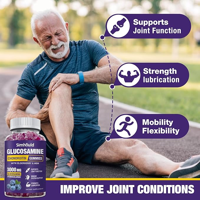 Simhould Glucosamine Chondroitin Gummies - 3000MG Extra Strength Joint Support Supplement with MSM & Elderberry, Flexibility, Antioxidant Immune Support Gummy for Adults, Men & Women