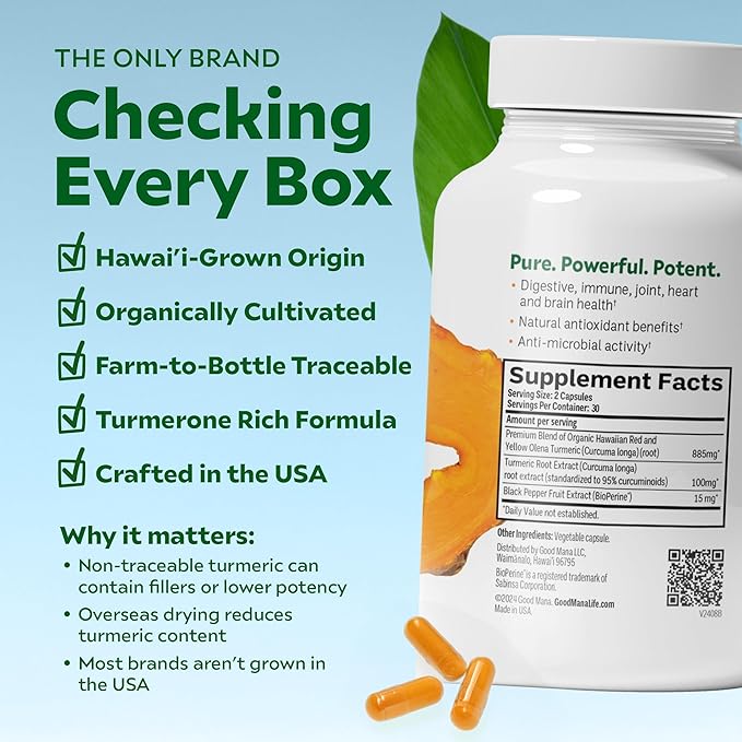 Good Mana Olena Gold Hawaii-Grown Turmeric Supplement - Organic Turmeric Curcumin with Black Pepper - Joint Support & Inflammation Relief - 60 Vegan Capsule