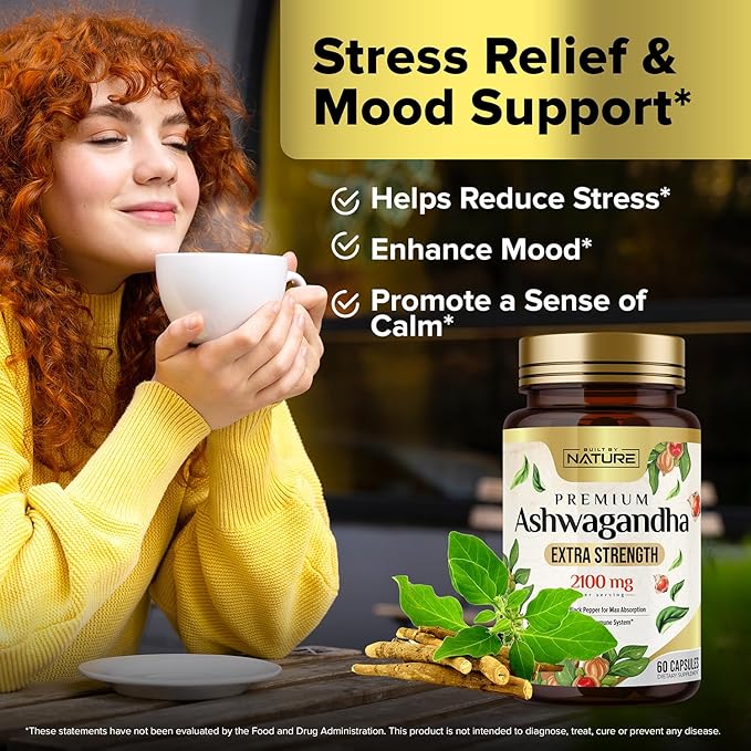Built by Nature Ashwagandha 2100mg Extra Strength Stress Relief & Mood Support with Black Pepper Extract for Max Absorption - Non-GMO, Vegan, Gluten-Free - 60 Capsules