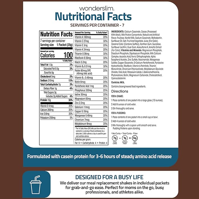 WonderSlim Meal Replacement Shake, Dark Cocoa Cream, 15g Protein, 24 Vitamins & Minerals, Gluten Free, Low Carb (7ct)