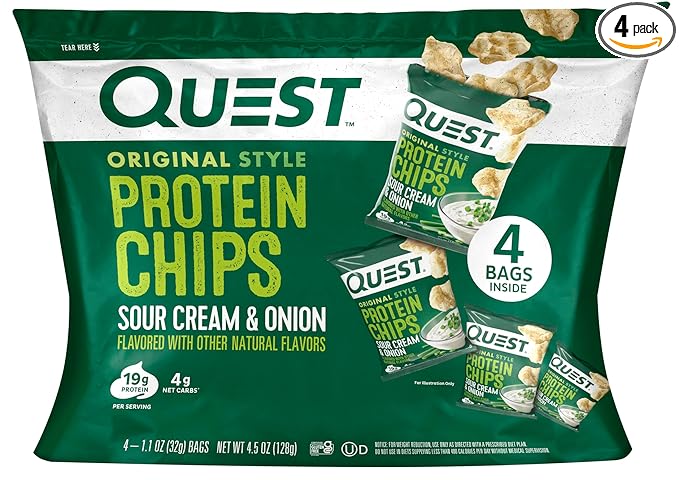 Quest Nutrition Sour Cream & Onion Protein Chips, 19g Protein, 4g Net Carbs, Low Carb, Gluten Free, 1.1 oz, 4 count