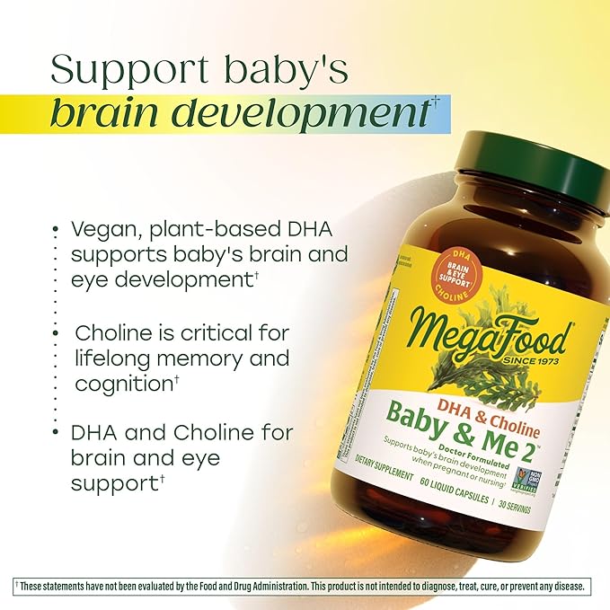 MegaFood Baby & Me 2 Prenatal Vitamins for Women, DHA & Choline Supplements, Liquid DHA and Choline for Baby's Brain and Eye Development During Pregnancy, Vegan, 60 Capsules (30 Servings)