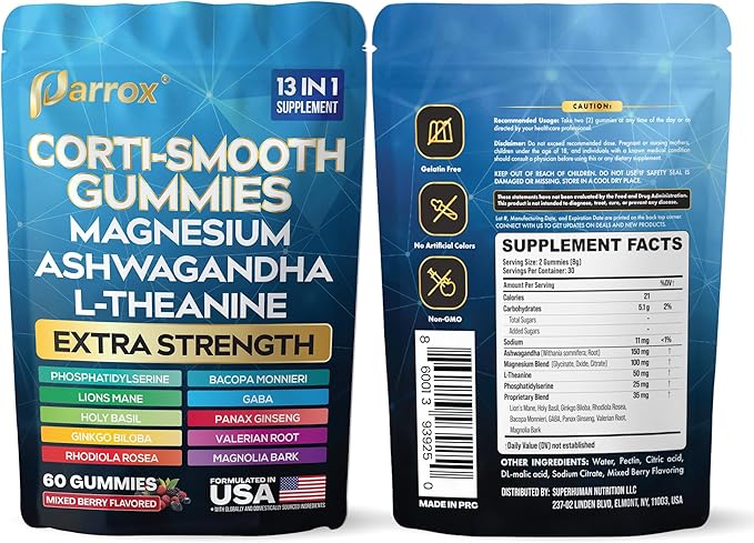 Corti-Smooth Cortisol Support Gummies with Magnesium, L-Theanine, Ashwagandha, Phosphatidylserine, Bacopa Monnieri, Lions Mane, Ginkgo Biloba, Valerian Root (Mixed Berry Flavor - 3 Pack)