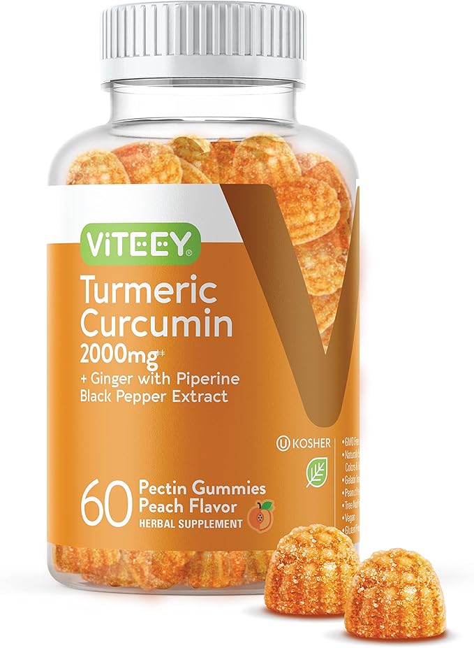Viteey Turmeric Gummies with Turmeric Curcumin, Ginger & Black Pepper Extract - Immune Support, Healthy Skin, and Joint Health - Vegan, Gelatin Free, GMO Free - Tasty Chewable Peach Flavored-60 Count