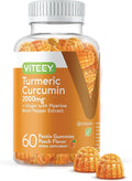 Viteey Turmeric Gummies with Turmeric Curcumin, Ginger & Black Pepper Extract - Immune Support, Healthy Skin, and Joint Health - Vegan, Gelatin Free, GMO Free - Tasty Chewable Peach Flavored-60 Count