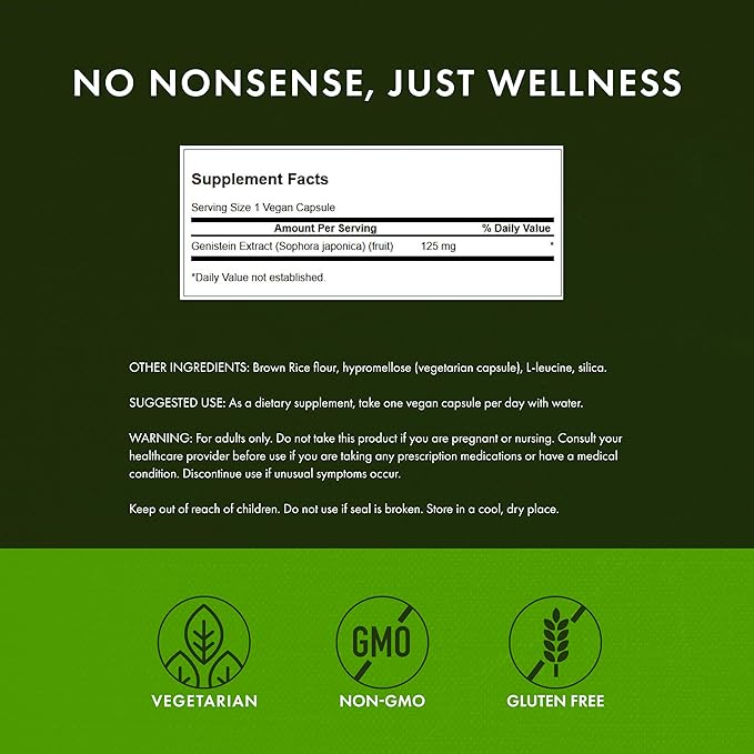 Swanson Soy-Free Genistein Plant-Based Supplement for Women Seeking Hormonal Balance, Bone, and Cardiovascular Support - 125 mg (60 Vegan Capsules)