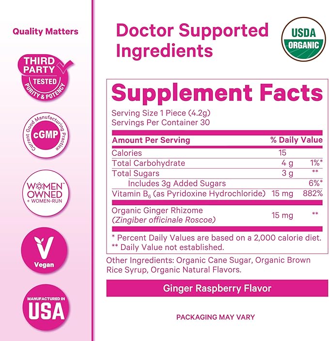 Pink Stork Organic Ginger Raspberry Sweets with Vitamin B6 for Morning Sickness and Motion Sickness, Added Ginger & Vitamin B6, 1st Trimester Pregnancy Must Haves - 30 Wrapped Candies