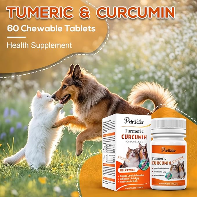 Turmeric Curcumin for Dogs – Hip & Joint Support, Heart & Immune Health Supplement, Immune System Booster, Joint Care for All Breeds & Ages, 60 Chewable Tablets