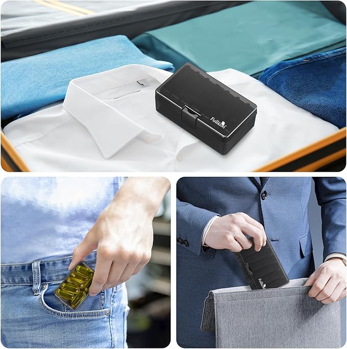 Fullicon Small Pill Organizer for Purse, Daily Travel Medicine Pill Case, Weekly 7 Day Daily Pill Box, Pocket Pharmacy Pill Container Dispenser Holder with Labels for Supplement and Vitamins (Black)