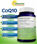 aSquared Nutrition CoQ10 (400mg Max Strength, 200 Capsules) - High Absorption Vegan Coenzyme Q10 Powder - Ubiquinone Supplement Pills, Extra Antioxidant CO Q-10 Enzyme Vitamin Tablets, Coq 10 400 mg