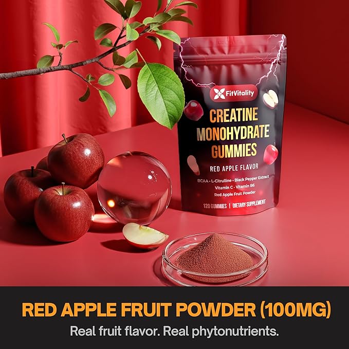 Premium 120 Creatine Gummies - Formulation with Creatine Monhydrate, Vitamin C & B6 - Vegan, Non-GMO, Sugar-Free, Red Apple Flavor