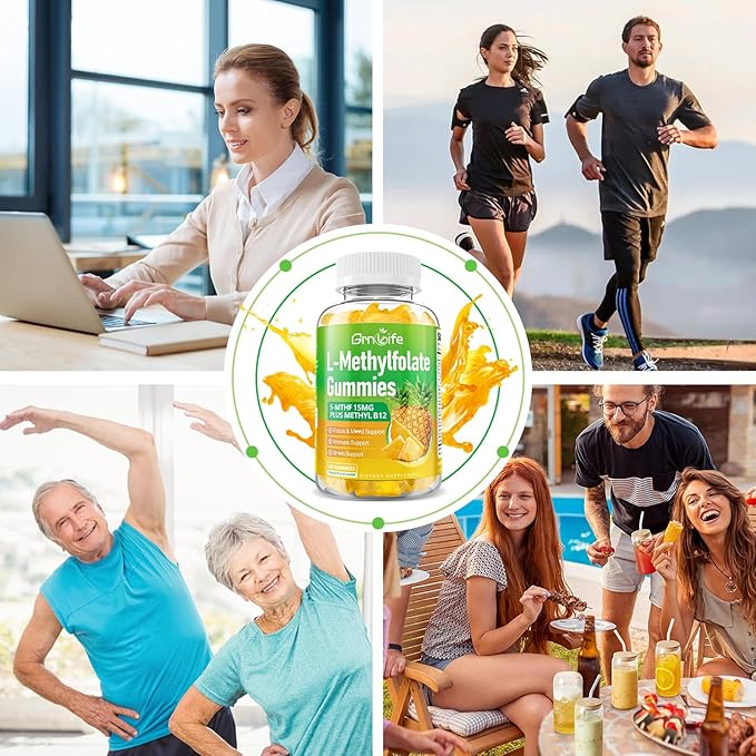 L-Methylfolate 15 mg Gummies with Methyl B12, Methylated B1, B2, B6, Active 5-MTHF & High Absorption - Supports Brain Health & Immune System, Pineapple Flavor, 60 Count