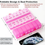 Foldable Pill Organizer 2 Times a Day w/Etched Labels -Dual Protection & Portable Weekly AM PM Pill Box, 7 Day Medicine Container, Large Travel Pill Case for Week Daily Supplement Vitamin -Clear Pink