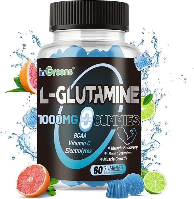 L-Glutamine Gummies 1000mg with BCAA, Potassium, Magnesium & Vitamin C, Muscle Recovery, Endurance Support & Daily Nutrition, Portable Supplement for Men＆Women, Lime Grapefruit Flavor, 120 Count