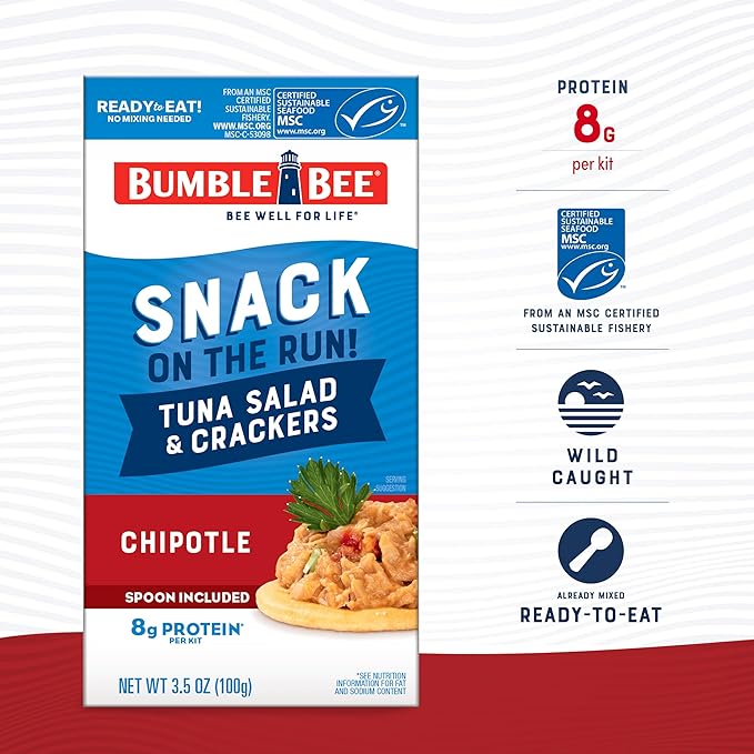 Bumble Bee Snack On The Run! Protein Snack Pack - 8g Protein per Box - Chipotle Tuna Salad with Crackers Kit - Ready to Eat Easy-Open Can - Wild Caught MSC-Certified Tuna (Pack of 1)