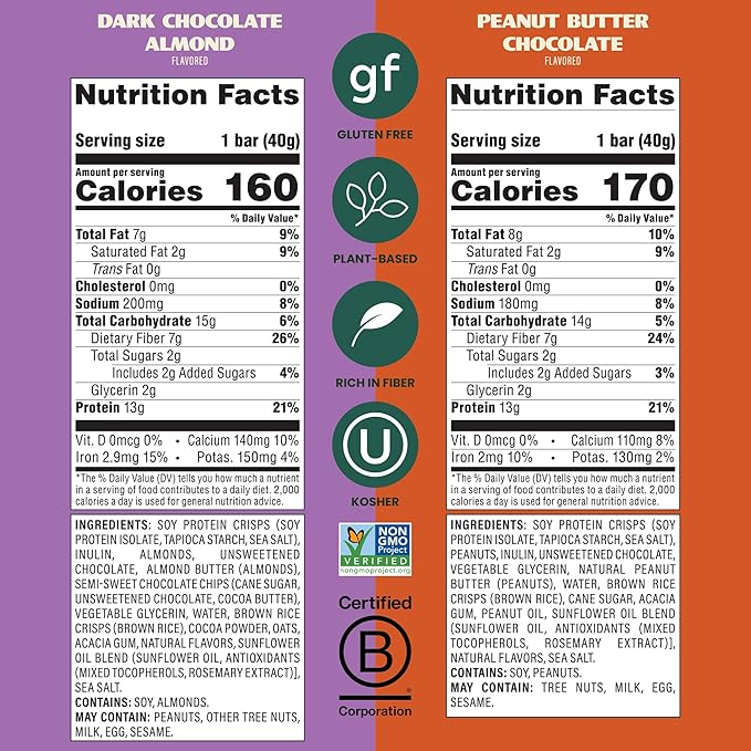Simply Protein - Crispy Bars Variety Pack, Peanut Butter + Dark Chocolate Almond - Plant Based Protein Bars - 13g Protein, 2g Sugar, 7g Fiber - Vegan, Gluten Free, Non GMO - 16 Bars, 2 Boxes