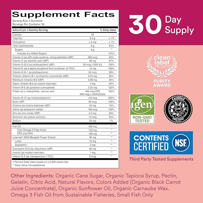 SmartyPants Multivitamin Gummy for Women 50 and Over: Omega 3 Fish Oil (EPA/DHA),Methylfolate,CoQ10,Vitamin D3,C,Vitamin B12,B6,A,K & Zinc,Biotin,Gluten Free,(30 Day Supply),120 Count (Pack of 2)