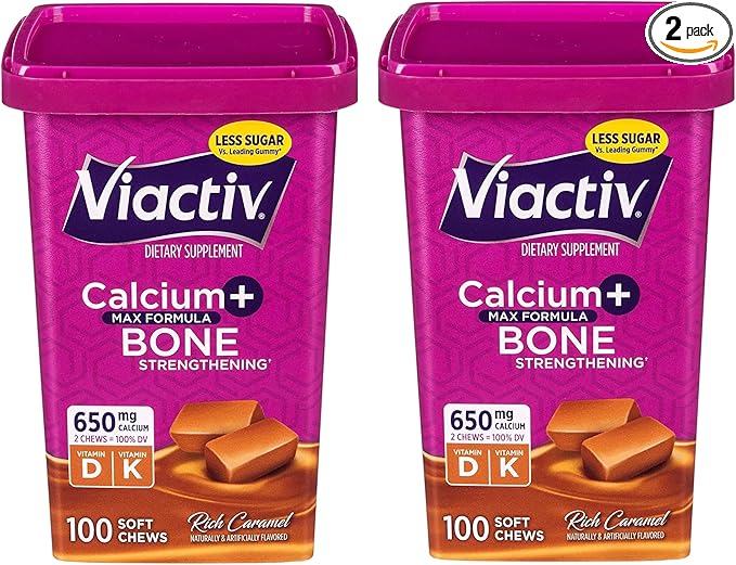 Viactiv Max Formula Calcium +Vitamin D3 Supplement for Bone Health, Rich Caramel, 100 Soft Chews - 2 Pack