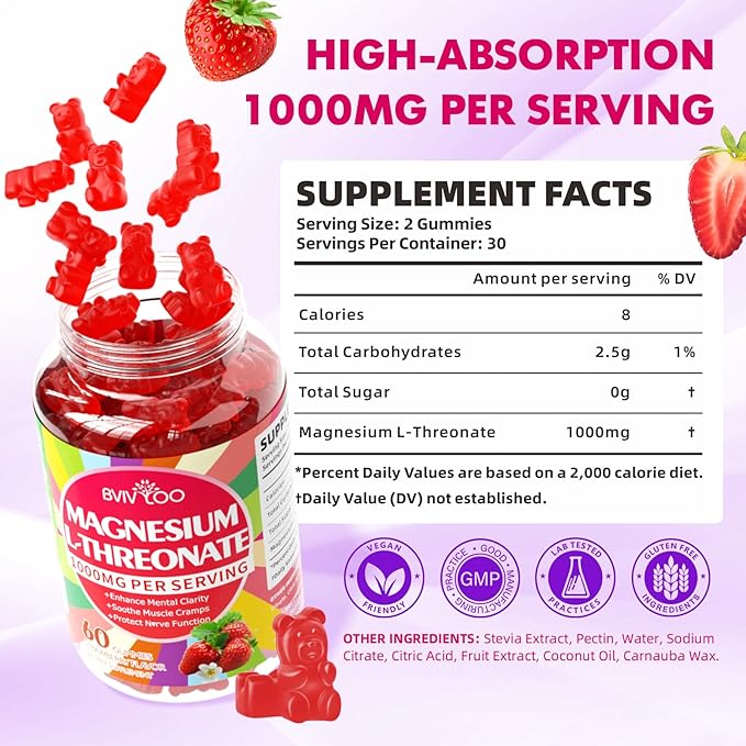 1000mg Magnesium L-Threonate Gummies for Kids & Adults - Muscle & Nervous System Support, Vegan, Sugar-Free Strawberry Flavor, 60 Gummies