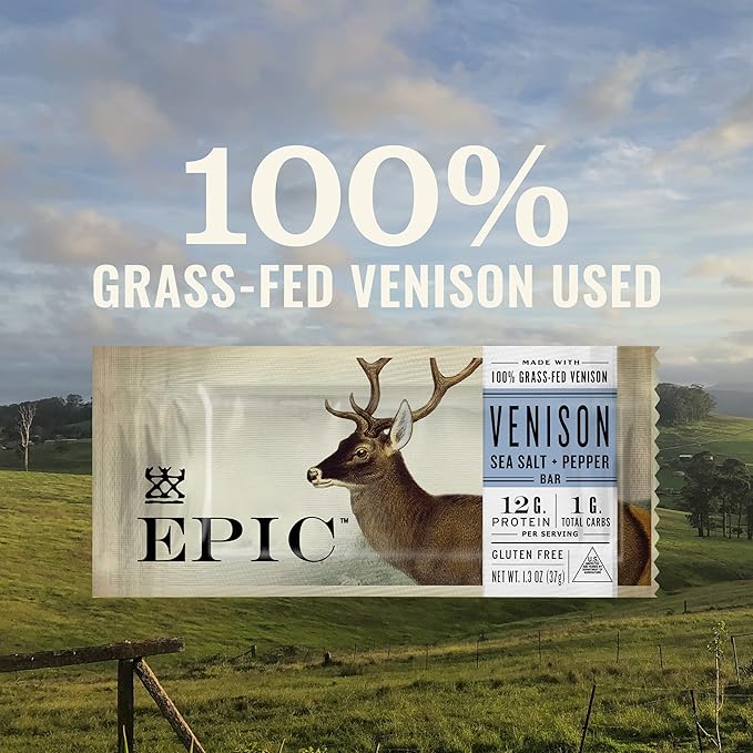 EPIC Bars, Venison Sea Salt and Pepper Bar, Keto Friendly, Whole30 Approved, Gluten Free, 12 Count, 15.6 oz