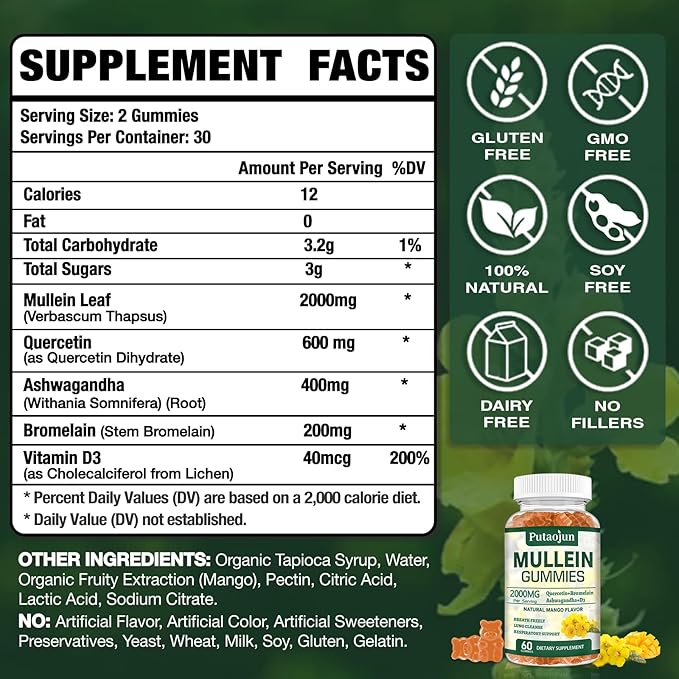 1 Pack Organic Mullein Gummies for Lungs, 2000MG Mullein Leaf Extract Supplement | Quercetin, Bromelain for Respiratory & Immune Support | Vegan, Sugr-Free, Mango Flavor | 60 Count