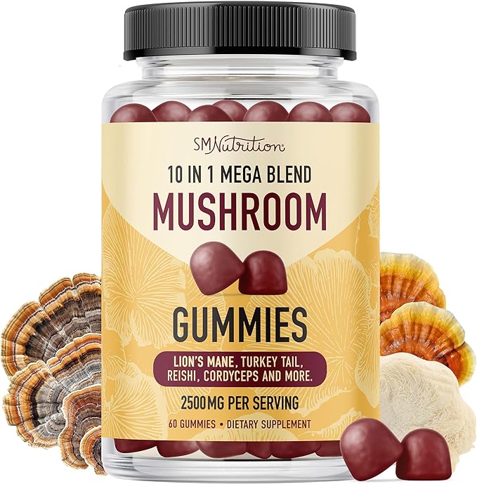 SMNutrition Mushroom Gummies for Adults | with Lions Mane, Turkey Tail, Reishi, Cordyceps, Chaga & Maitake | Support Cognitive Function & Immune Health | Raspberry Flavor | 60ct