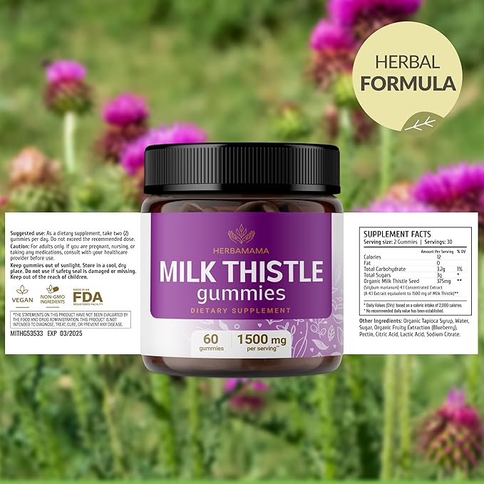 HERBAMAMA Milk Thistle Gummies – 1500mg Milk Thistle Supplement for Liver Detox* & Anitoxidant Support – Liver Support Supplement – Vegan Liver Health* Gummies - 60 Count (30 Servings)