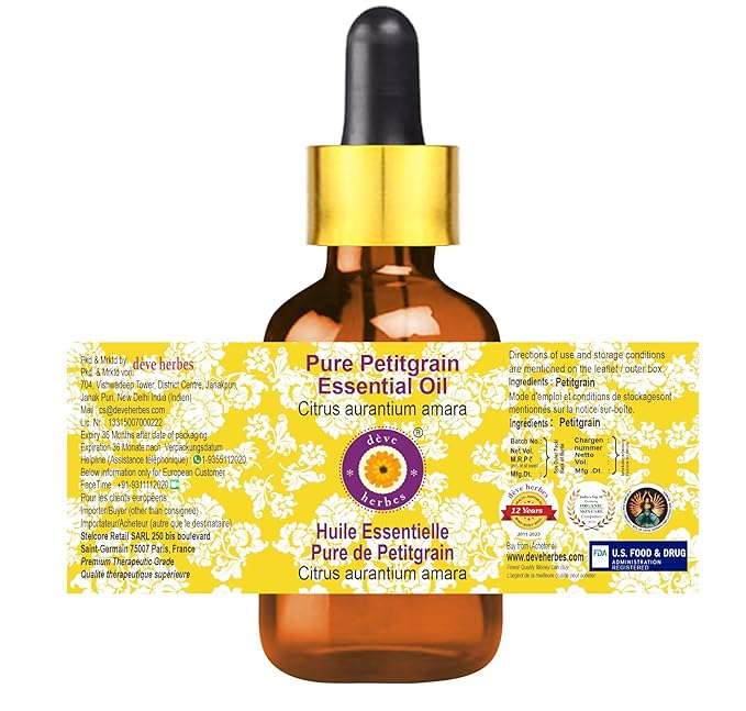 Deve Herbes Pure Petitgrain Essential Oil (Citrus aurantium Amara) with Glass Dropper Steam Distilled (Pack of Two) 100ml X 2 (6.76 oz)
