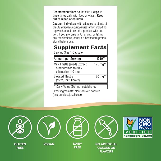 Nature's Way Milk Thistle, Supports Liver Function & Liver Detox Pathways*, 175 mg Milk Thistle Seed Extract Standardized to 80% Silymarin per Serving, Vegan, 60 Capsules (Packaging May Vary)