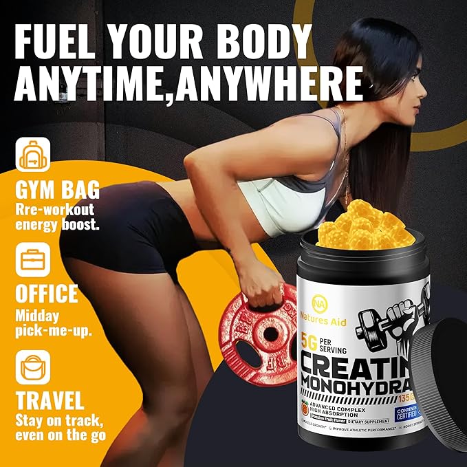Creatine Monohydrate Gummies – Pre-Workout Energy & Muscle Growth Support for Men & Women | Passion Fruit Electrolyte Gummies (135 Count)