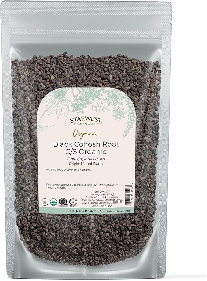 Starwest Botanicals Organic Black Cohosh Root - Dried Loose Herb for Tea, Cut & Sifted, Certified Kosher, Non-GMO - 4 oz Pouch