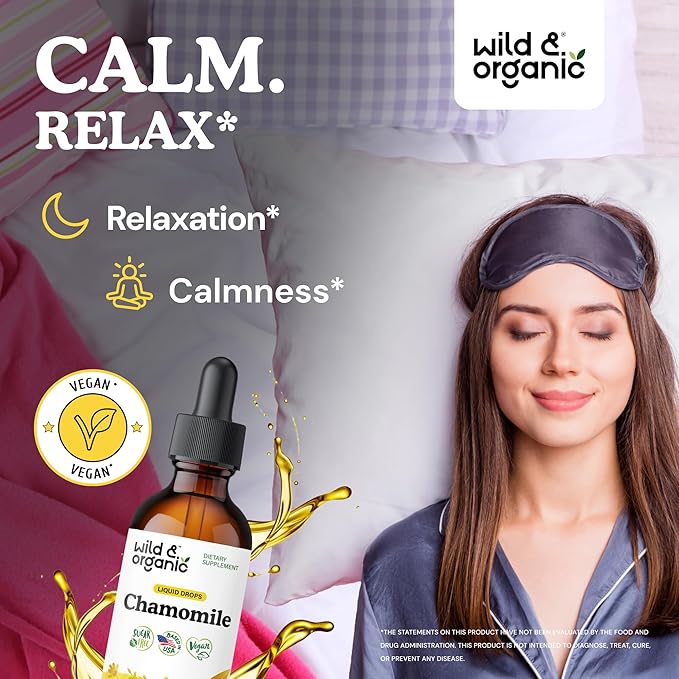 Wild & Organic Chamomile Tincture - Add to Tea for Relaxation Support - 500 mg Chamomile Flowers Drops - Mood Support Herbal Supplement - 28-Day Supply - Vegan, Sugar & Alcohol-Free - 2 fl oz