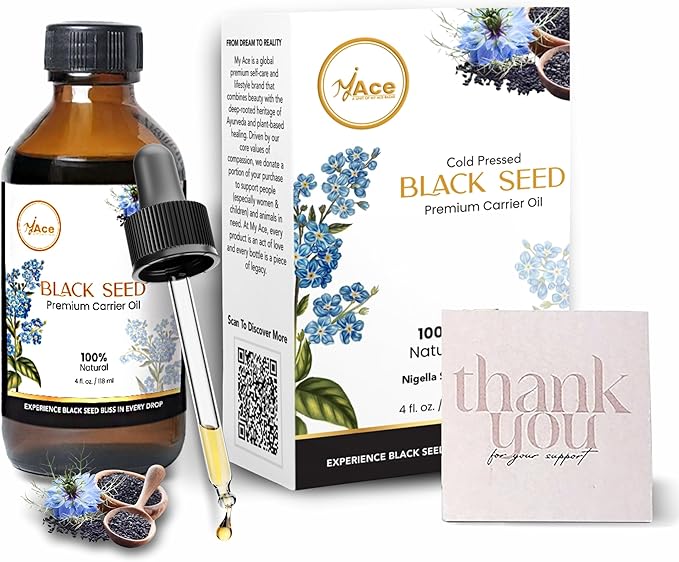 My Ace Black Seed Carrier Oil | 100% Pure Cold Pressed Oil for Hair Growth, Skin & Face Care, Body Moisturizer, Massage & Aromatherapy – 4 fl oz