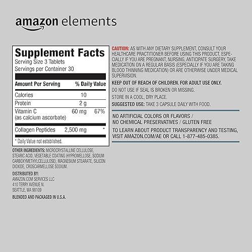 Amazon Elements Collagen Peptides + Vitamin C, 2500mg Collagen Peptides, Gluten Free, 90 Tablets, 1 Month Supply