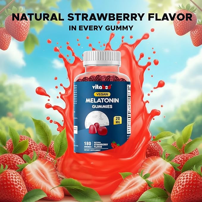 Vitabod Melatonin 20mg Gummies - 180 Count - Drug Free - Natural Strawberry Flavor - Vegetarian, Non-GMO, Gluten Free (1 Bottles)