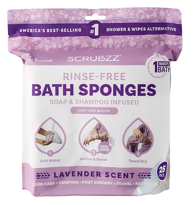 Scrubzz Disposable No Rinse Bathing Wipes - 25 Pack - All-in-1 Single Use Shower Wipes, Simply Dampen, Lather, and Dry Without Shampoo or Rinsing (Lavender, 1-Pack)