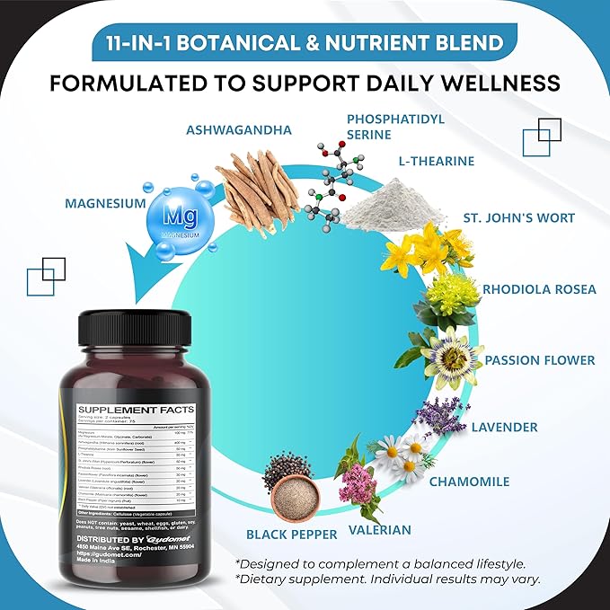 CORTISOL Wellness Magnesium Ashwagandha L-Theanine Phosphatidylserine Rhodiola Rosea Passionflower Lavender Chamomile -150 Capsules