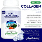 Maxi Health Marine Collagen Pills – 1000 mg Type 1 Collagen for Women & Men with Hyaluronic Acid Supplement for Joint & Skin Support – Unflavored, Clean Kosher Capsules (90 Maxicaps)