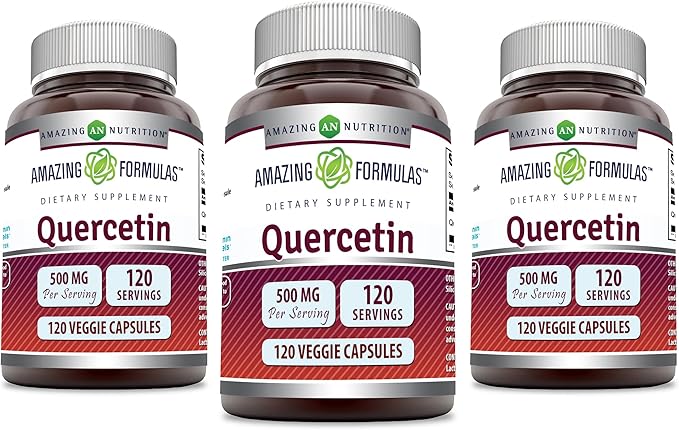 Amazing Formulas Quercetin 500mg Veggie Capsules Supplement | Non-GMO | Gluten Free | Supports Overall Health & Well Being (120 Count | 3 Pack)