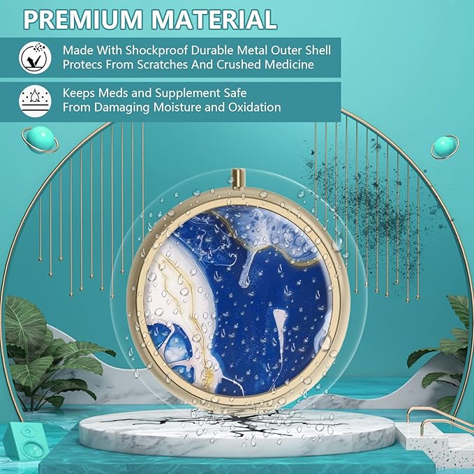 Pill Case Pill Box with Mirror Retro 3 Compartment Small Pill Case for Purse or Pocket Bronze Small Roud Pill Box or Vitamins, Fish Oil, Supplements, Pill Containe Travel Gifts（Marble Paint）