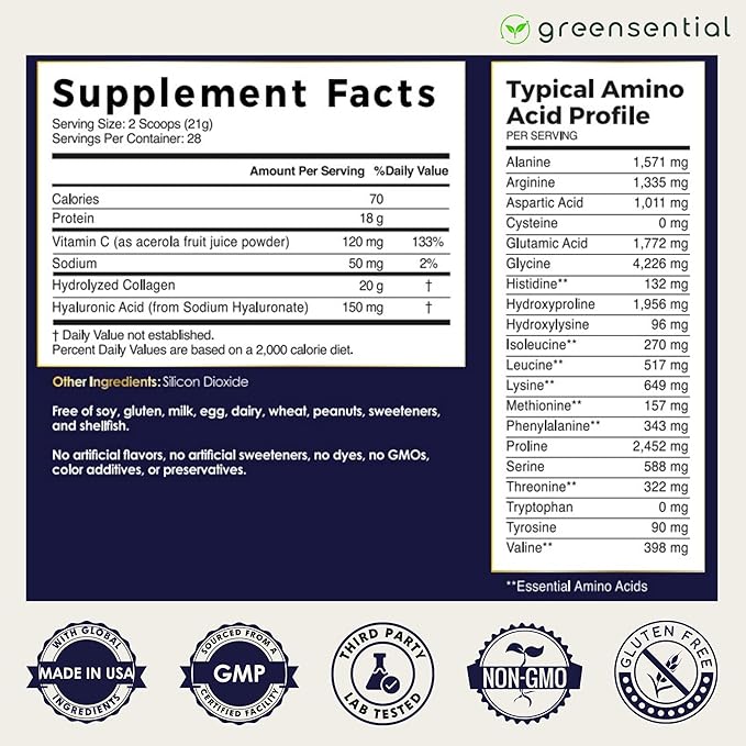 Greensential Collagen Peptides Plus Powder 21oz | + Acerola Vitamin C & Hyaluronic Acid | 100% Hydrolyzed Grass-Fed | Hair, Skin, Nail & Joint Support | Easy to Mix, Unflavored, 28 Servings