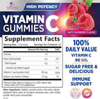 Vitamin C Gummies - 100% of Daily Vitamin C & Sugar Free - Immune Support with Powerful Antioxidants - Nature's Vegan VitaminC Dietary Supplement - Raspberry Flavor for Kids & Adults - 120 Gummies